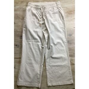 Poplooks Womens White Wide Leg Drawstring Linen Blend Pants Size Large Coastal